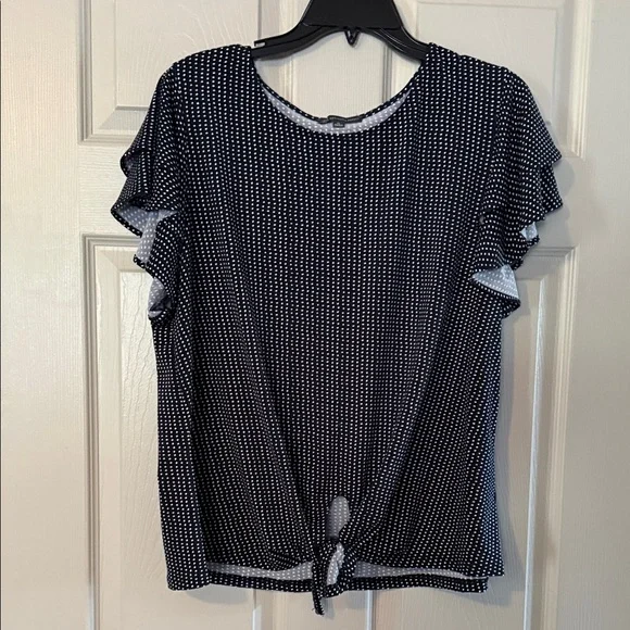 Adrianna Papell Black and White Polka Dot Tie-Front Ruffle Sleeve Top - Picture 1 of 3